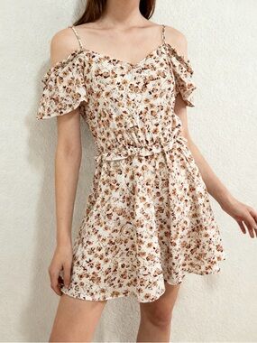 Floral Cold-Shoulder Mini Dress in Cream and Brown